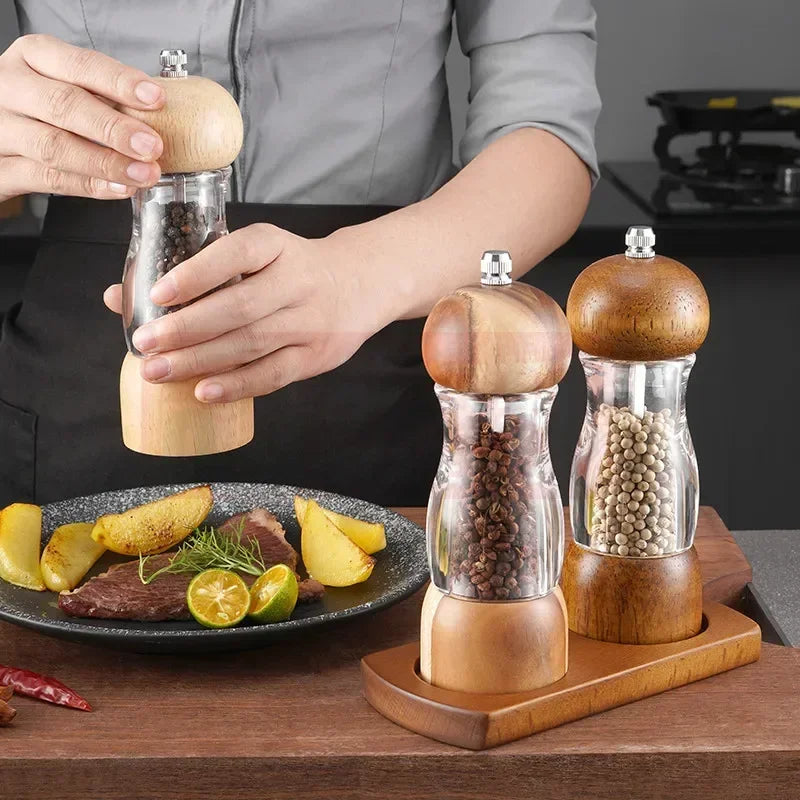 Salt & Pepper Mill Set Ceramic Grinder Natural Wood