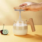 Self-Stirring Mug Glass Body Wooden Lid Spill-Proof
