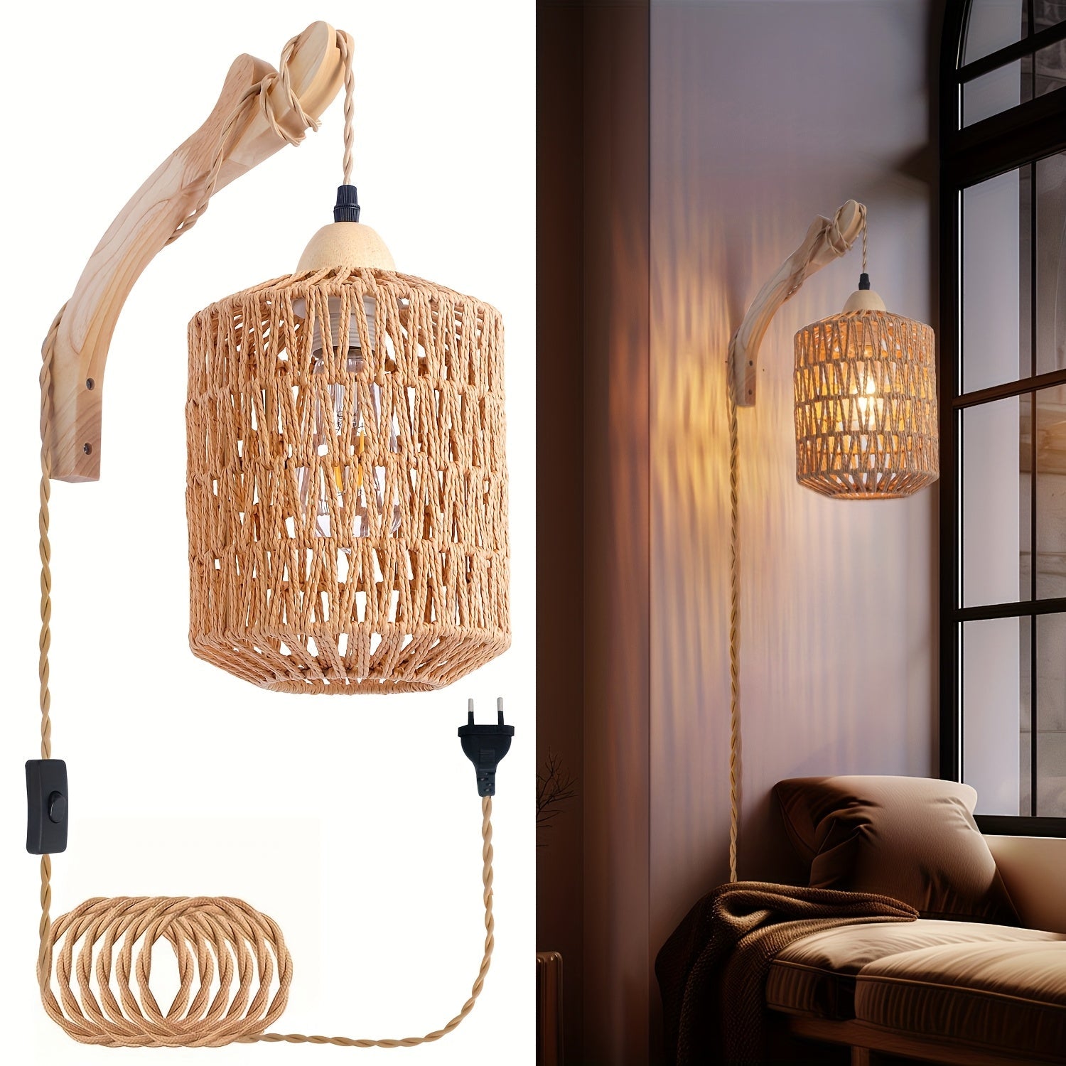 Handcrafted Rattan and Wood Wall Light Fixture – Plug-In Design