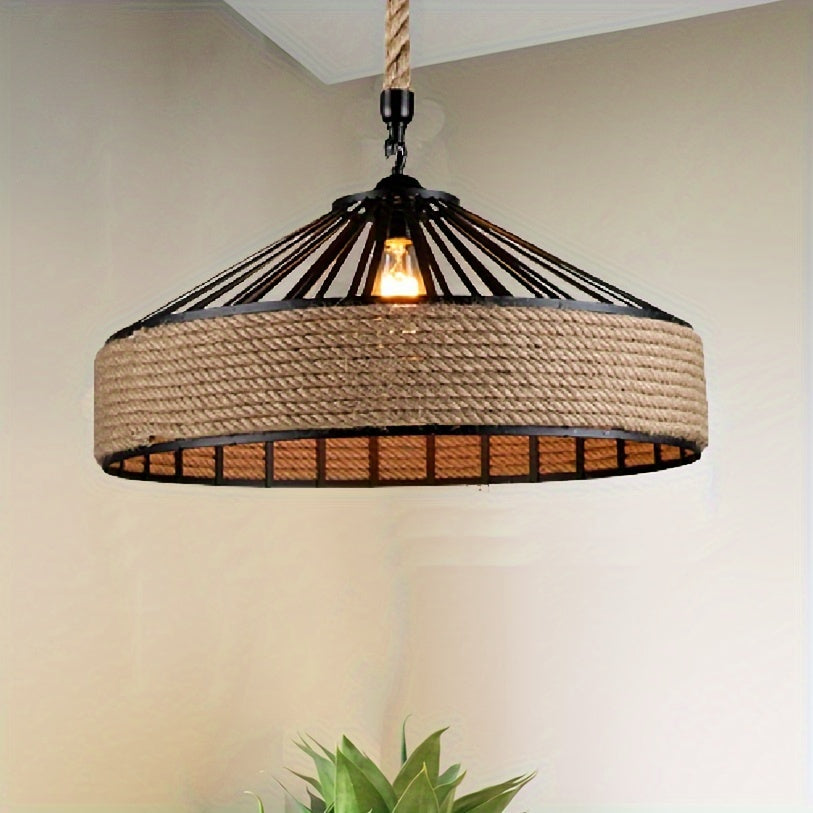 Vintage Ceiling Lamp with Hemp Rope Pendant - Rustic Farmhouse Style
