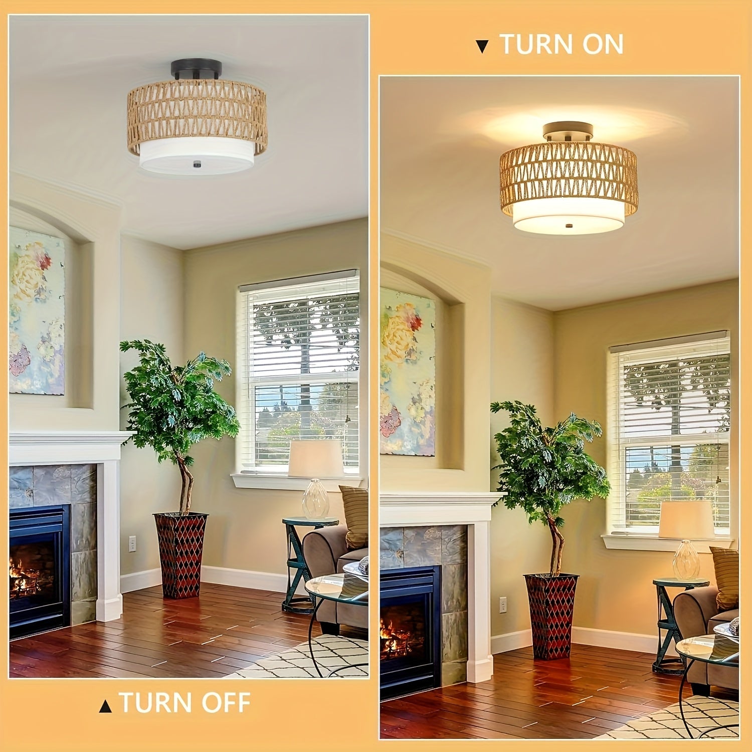 Rattan Ceiling Lamp in Boho Style | Linen Shade Semi-Flush Design