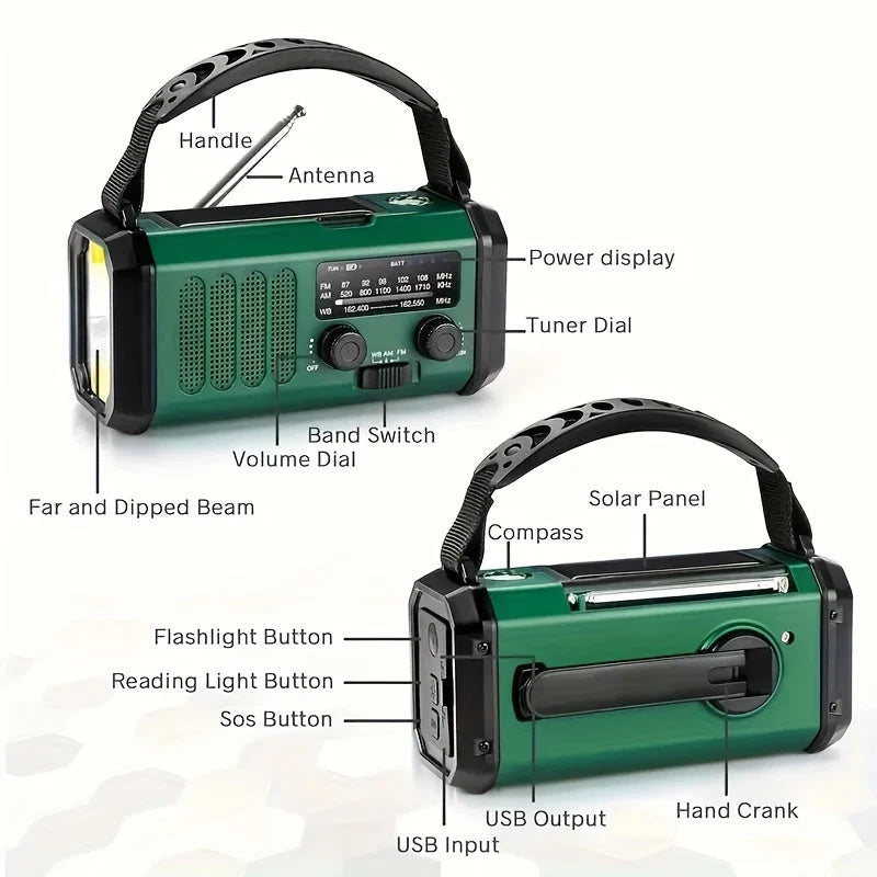 Emergency Radio Solar & Hand-Crank USB Charging NOAA Alerts