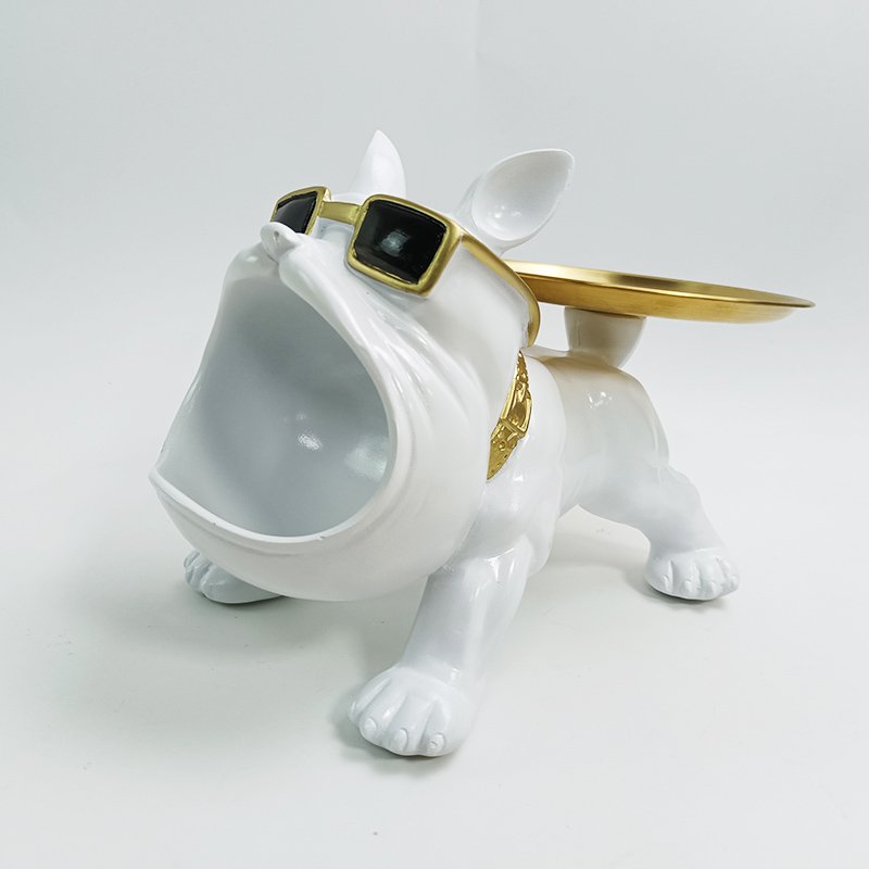 White Bulldog Figurine with Gold Dish – Polyresin Decor