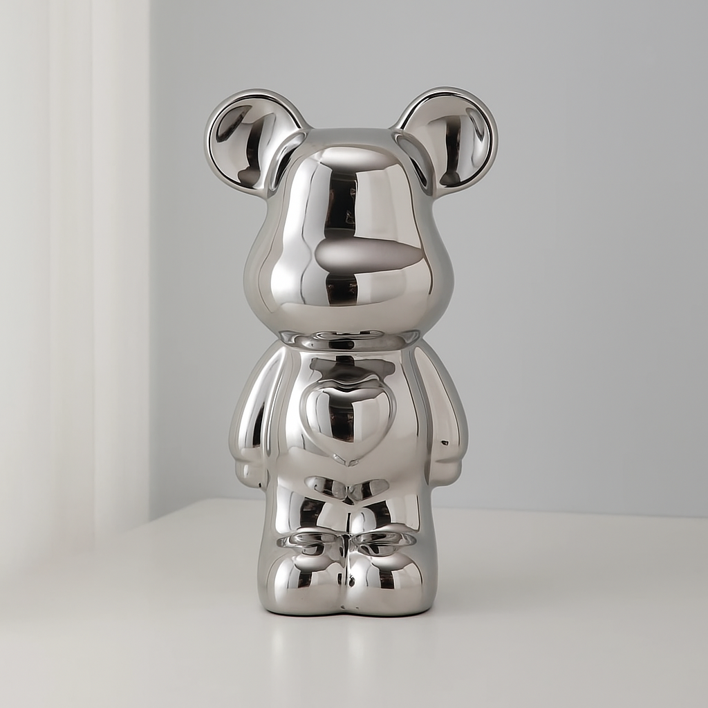 Chrome Finish Ceramic Bear Statue with Galvanized Detailing