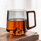 Smoky Glass Coffee Mugs with Walnut Wooden Handle - Stylish Slanted Design