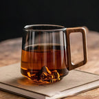 Smoky Glass Coffee Mugs with Walnut Wooden Handle - Stylish Slanted Design
