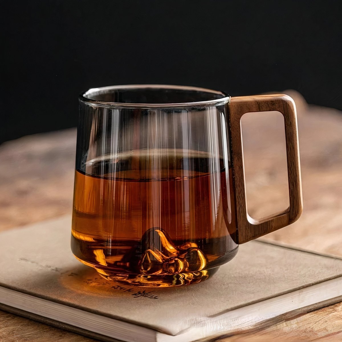 Smoky Glass Coffee Mugs with Walnut Wooden Handle - Stylish Slanted Design