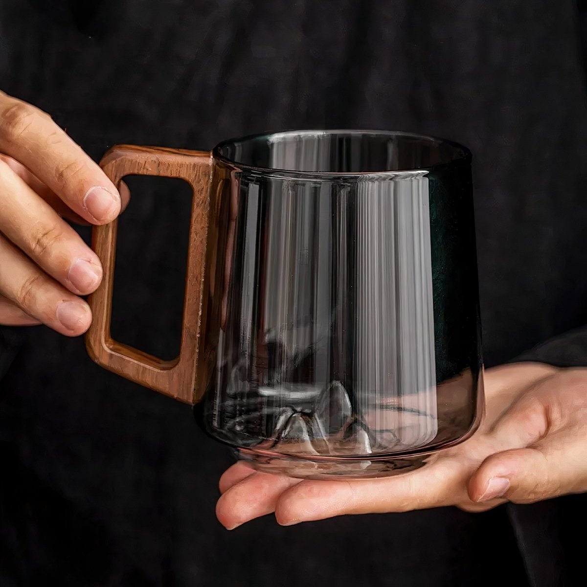 Smoky Glass Coffee Mugs with Walnut Wooden Handle - Stylish Slanted Design