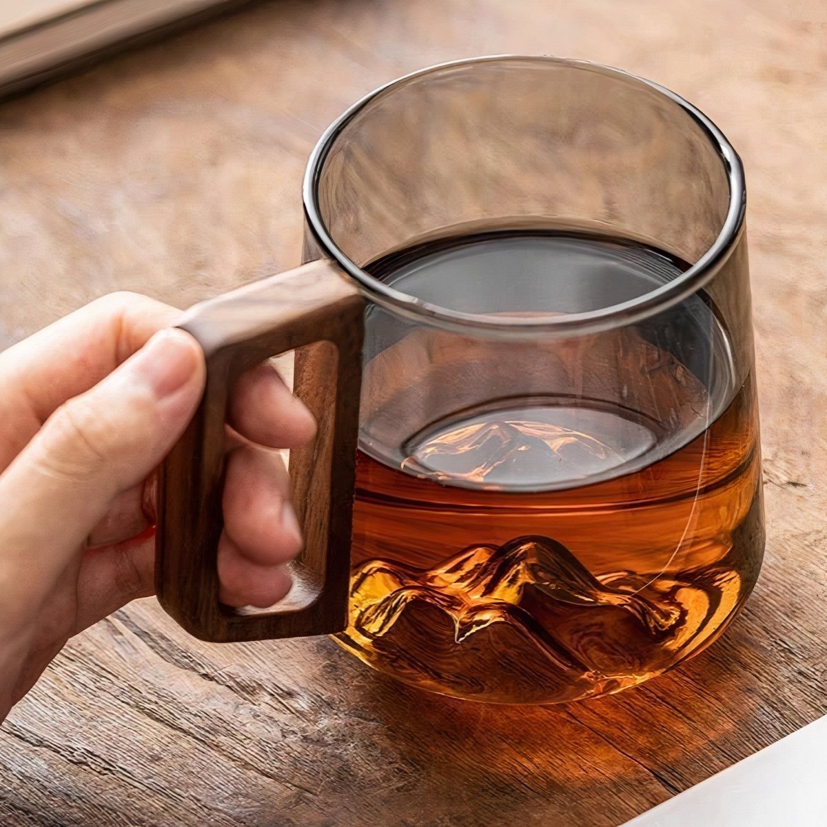 Smoky Glass Coffee Mugs with Walnut Wooden Handle - Stylish Slanted Design