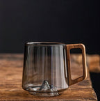 Smoky Glass Coffee Mugs with Walnut Wooden Handle - Stylish Slanted Design