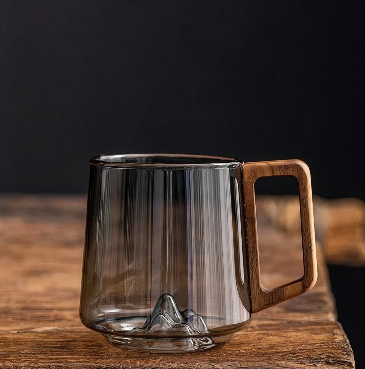 Smoky Glass Coffee Mugs with Walnut Wooden Handle - Stylish Slanted Design