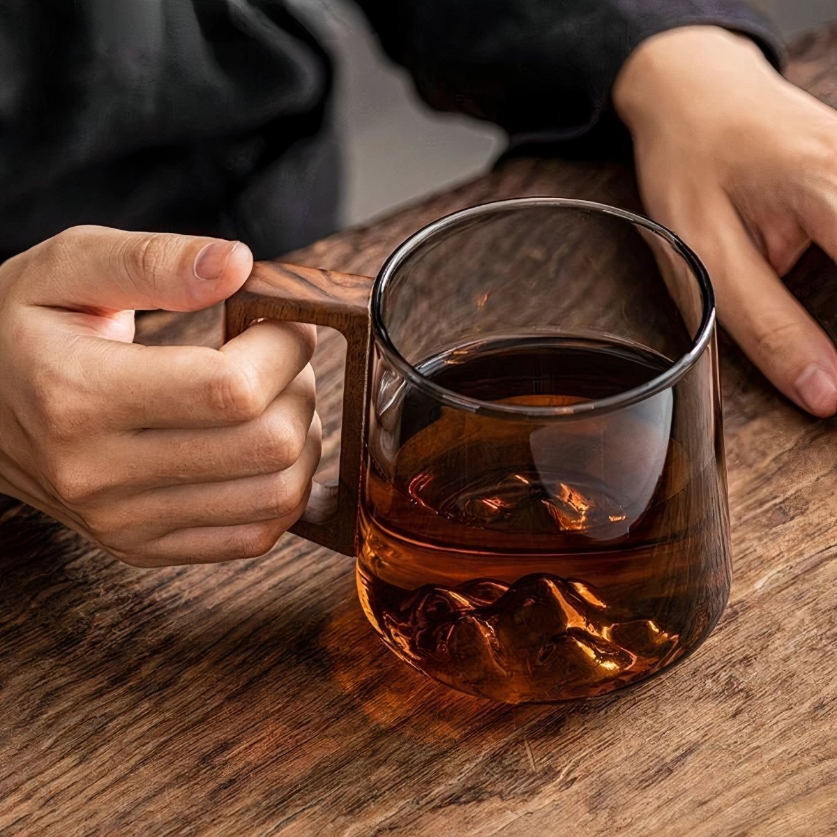 Smoky Glass Coffee Mugs with Walnut Wooden Handle - Stylish Slanted Design
