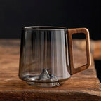 Smoky Glass Coffee Mugs with Walnut Wooden Handle - Stylish Slanted Design