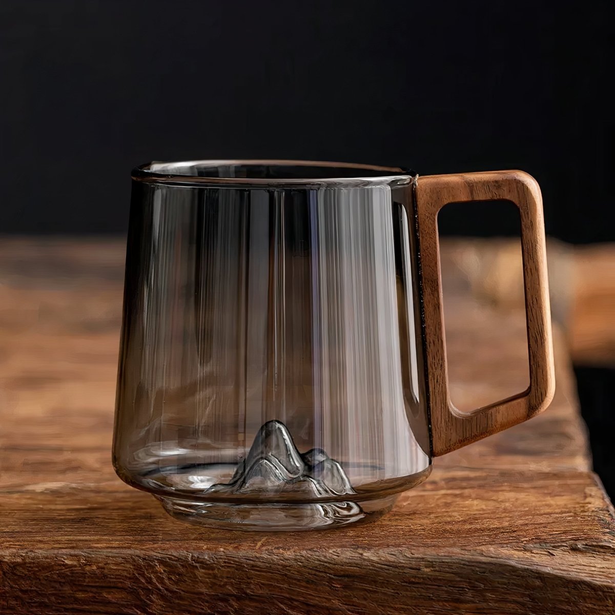 Smoky Glass Coffee Mugs with Walnut Wooden Handle - Stylish Slanted Design