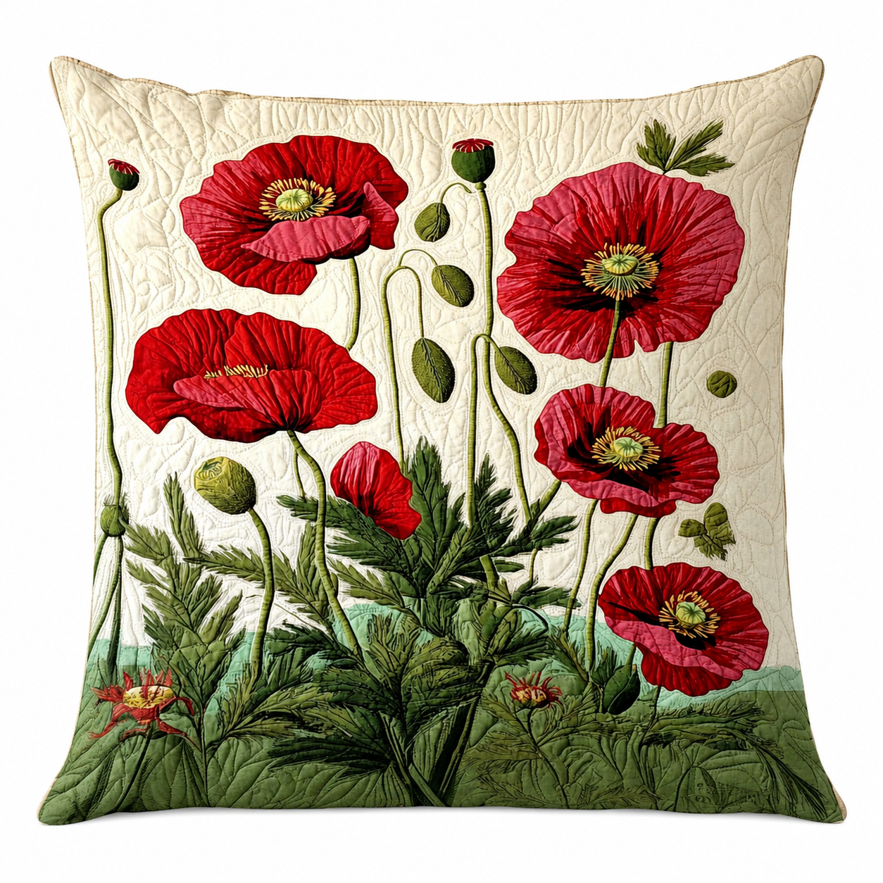 Quilted Cotton-Polyester Poppy Floral Cushion Cover (Envelope Closure)