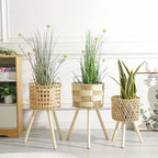 Handcrafted Rattan Planter with Wooden Legs - Bohemian Bamboo Flower Stand