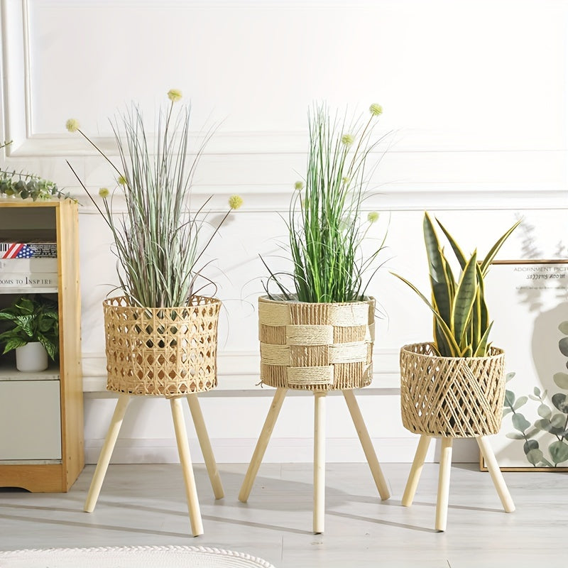 Handcrafted Rattan Planter with Wooden Legs - Bohemian Bamboo Flower Stand