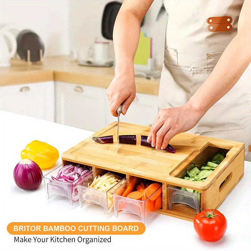 Multifunctional Kitchen Prep Station with Bamboo Cutting Board and Storage Trays