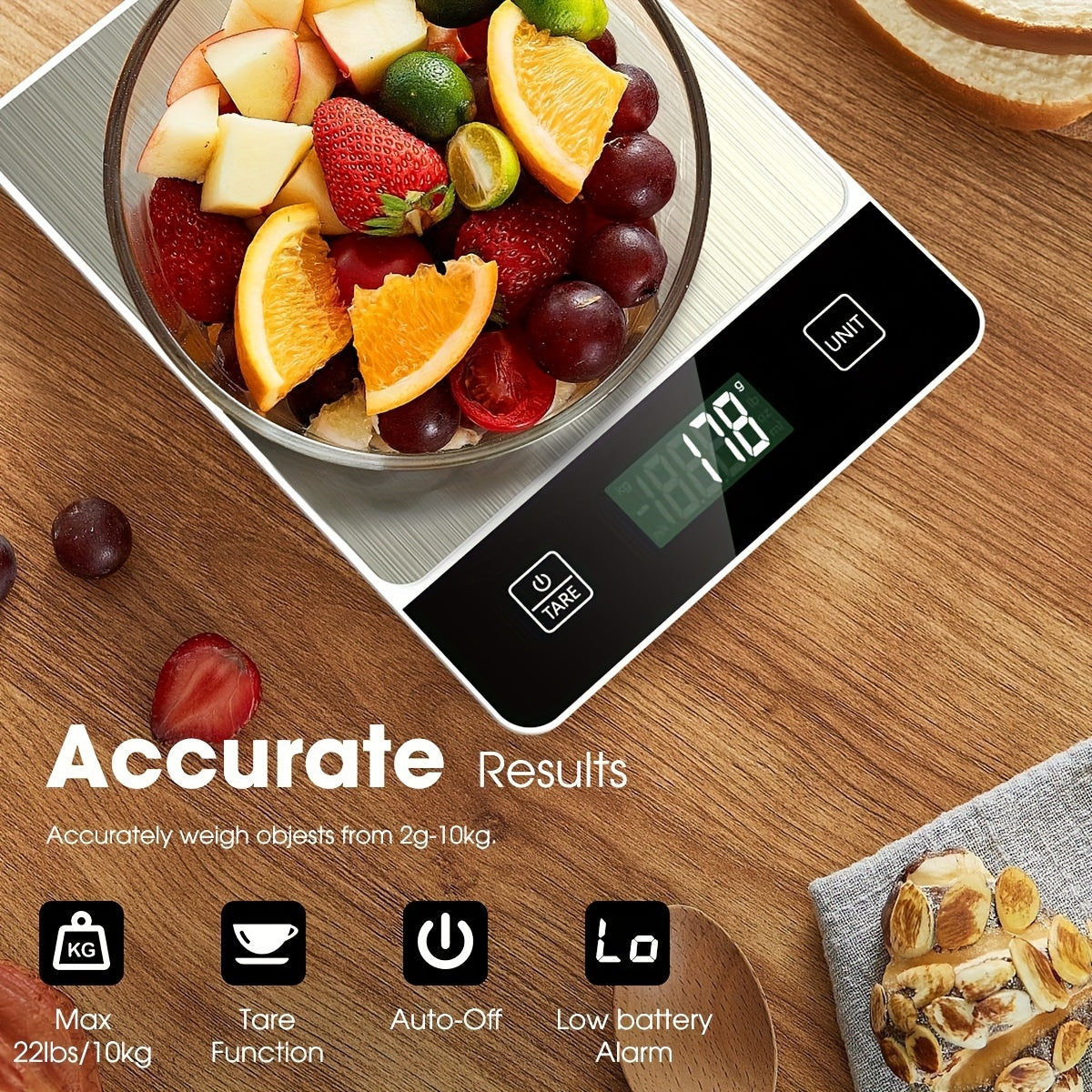 Stainless Steel Digital Food Scale for Kitchen - 22lb Capacity