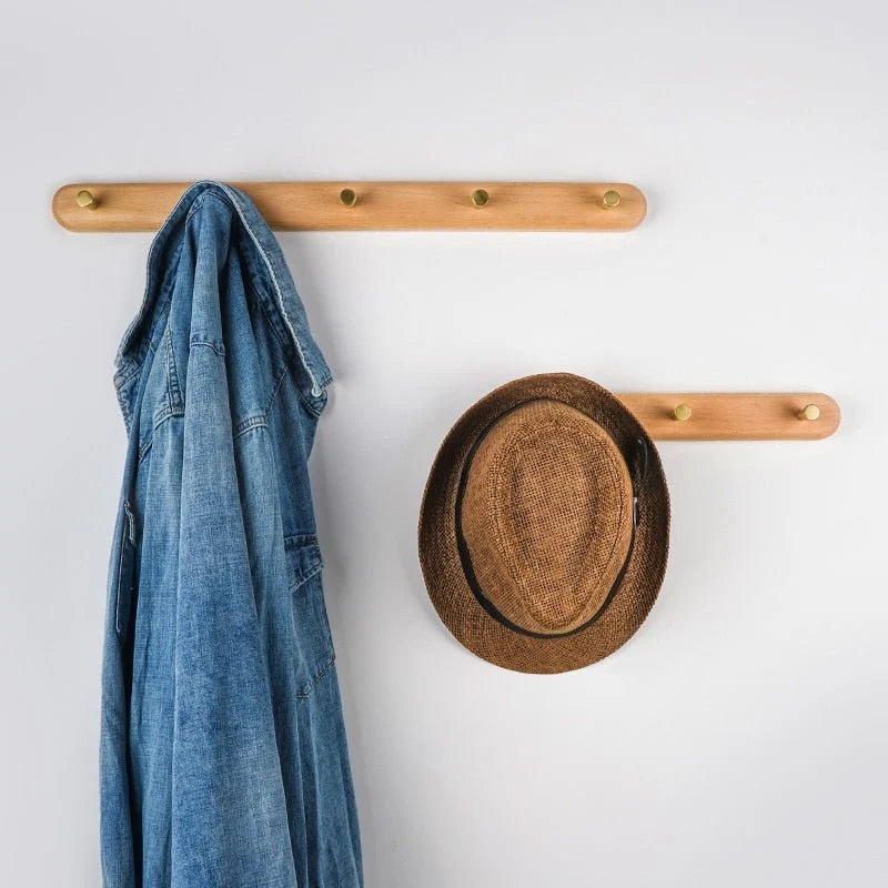 Wall-Mounted Coat Rack Natural Wood & Brass Hooks