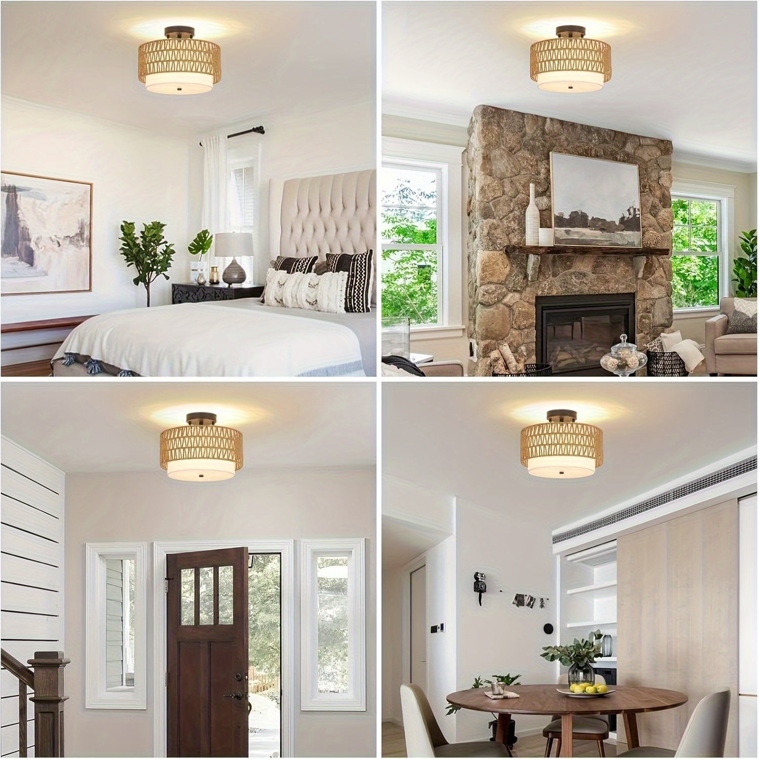 Rattan Ceiling Lamp in Boho Style | Linen Shade Semi-Flush Design