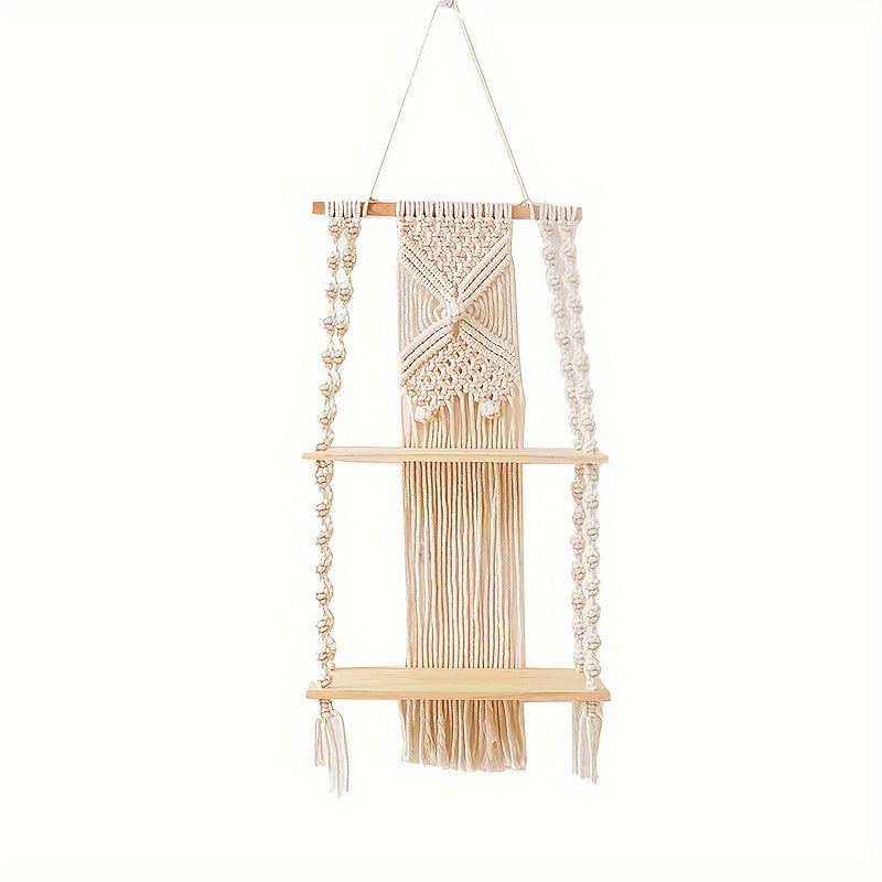 Hanging Storage Rack with Two Tiers – Bohemian Macrame Wall Shelf