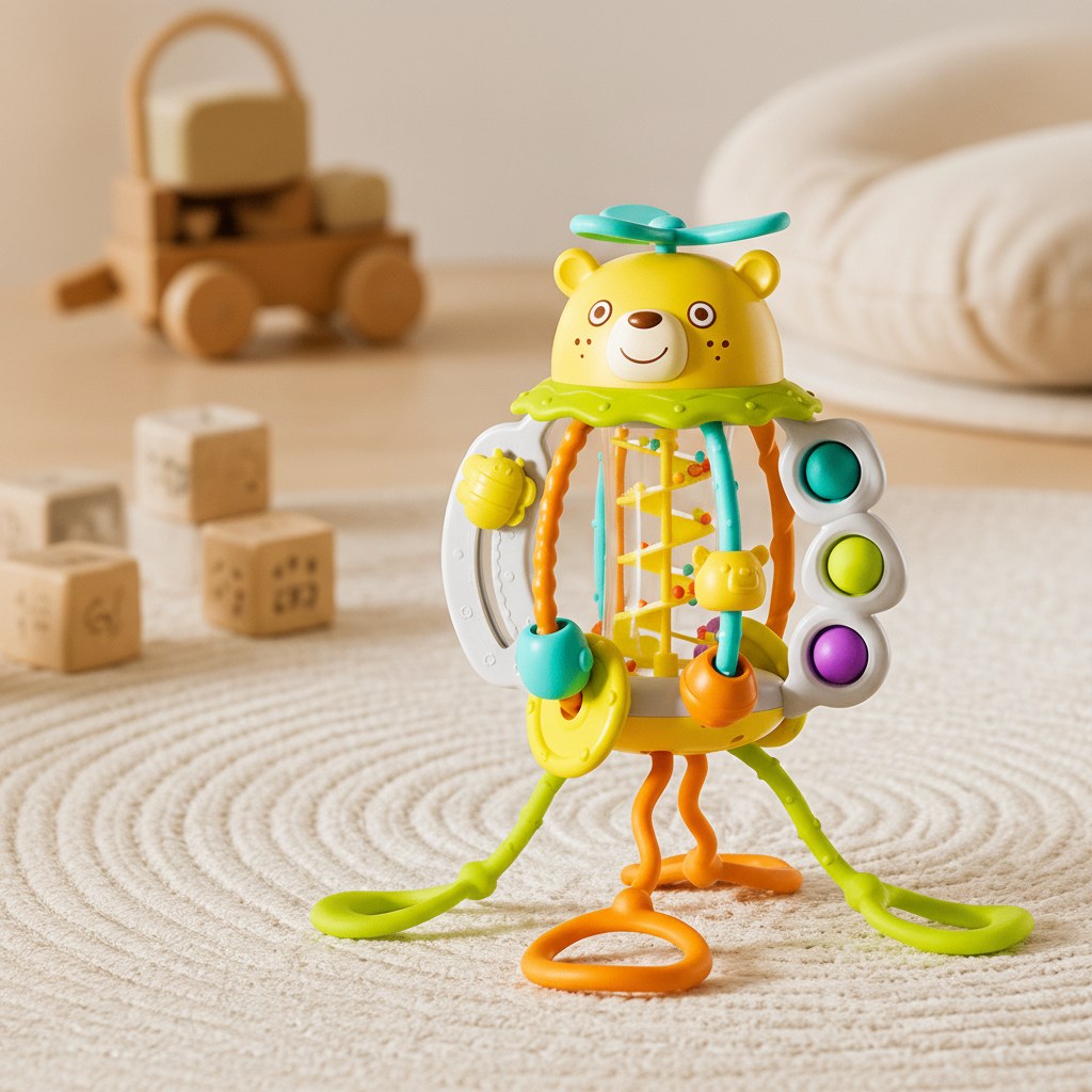 Pull Cord Activity Rattle with Bear Design