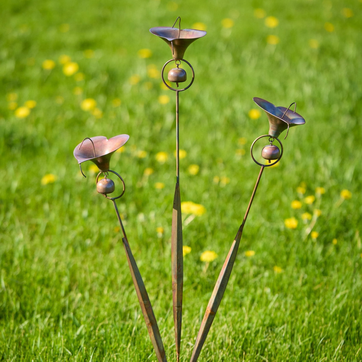 Triple Calla Lily Garden Stake with Bells in Copper Finish