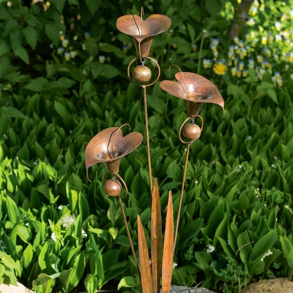 Triple Calla Lily Garden Stake with Bells in Copper Finish