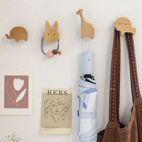 Adhesive Coat Rack with Wooden Animal Wall Hooks