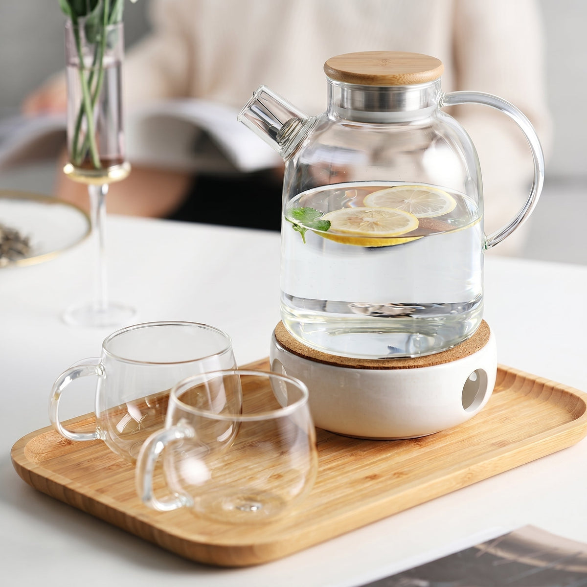 Teapot Made of Glass with Wooden Lid and Side Handle