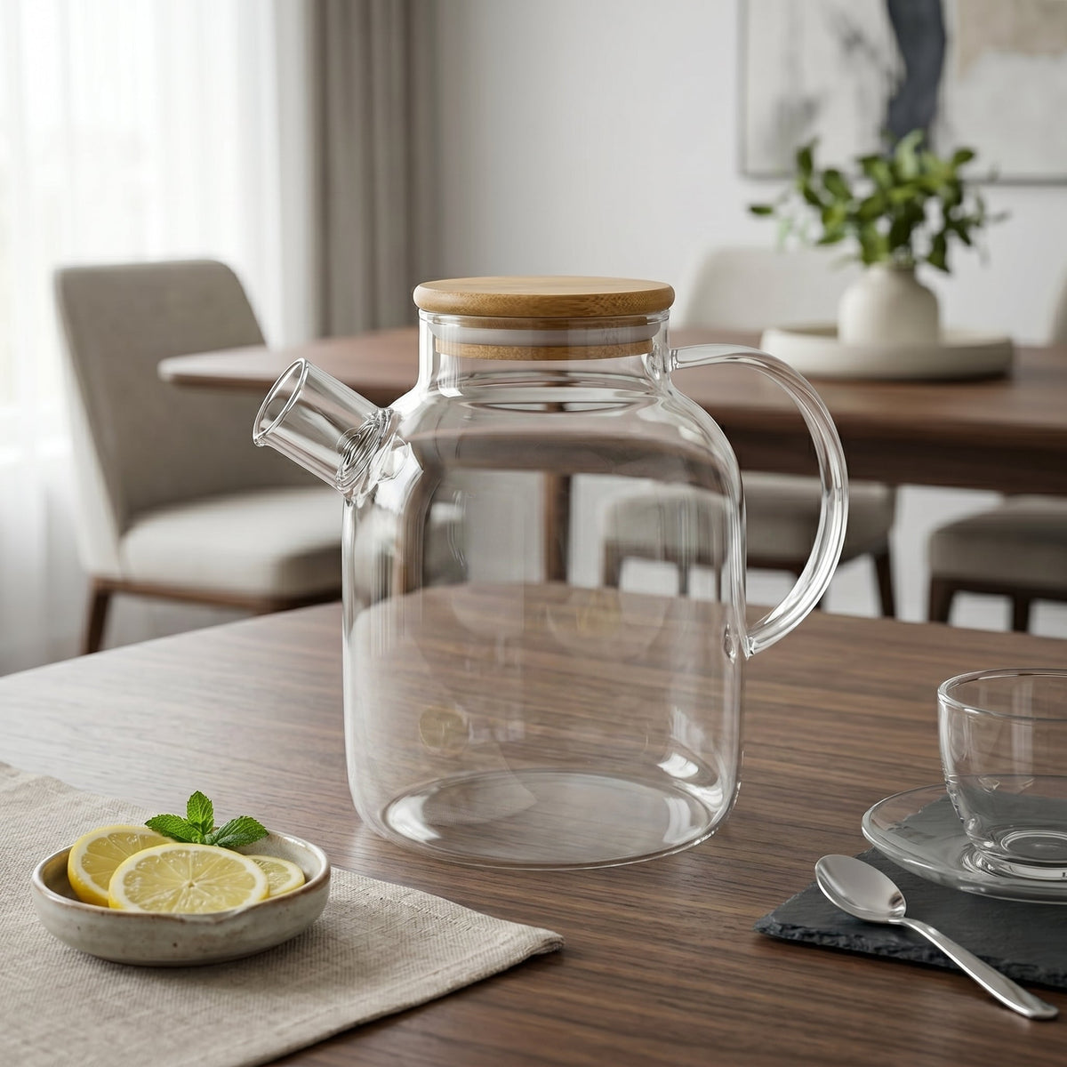 Teapot Made of Glass with Wooden Lid and Side Handle