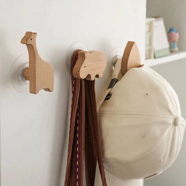 Adhesive Coat Rack with Wooden Animal Wall Hooks