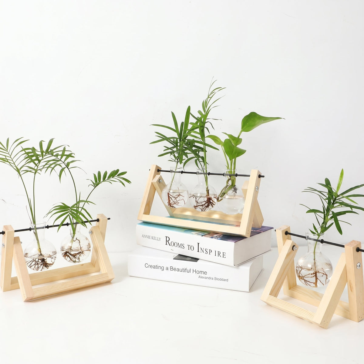 Glass Hydroponic Planter in Wooden Stand for Indoor Plants