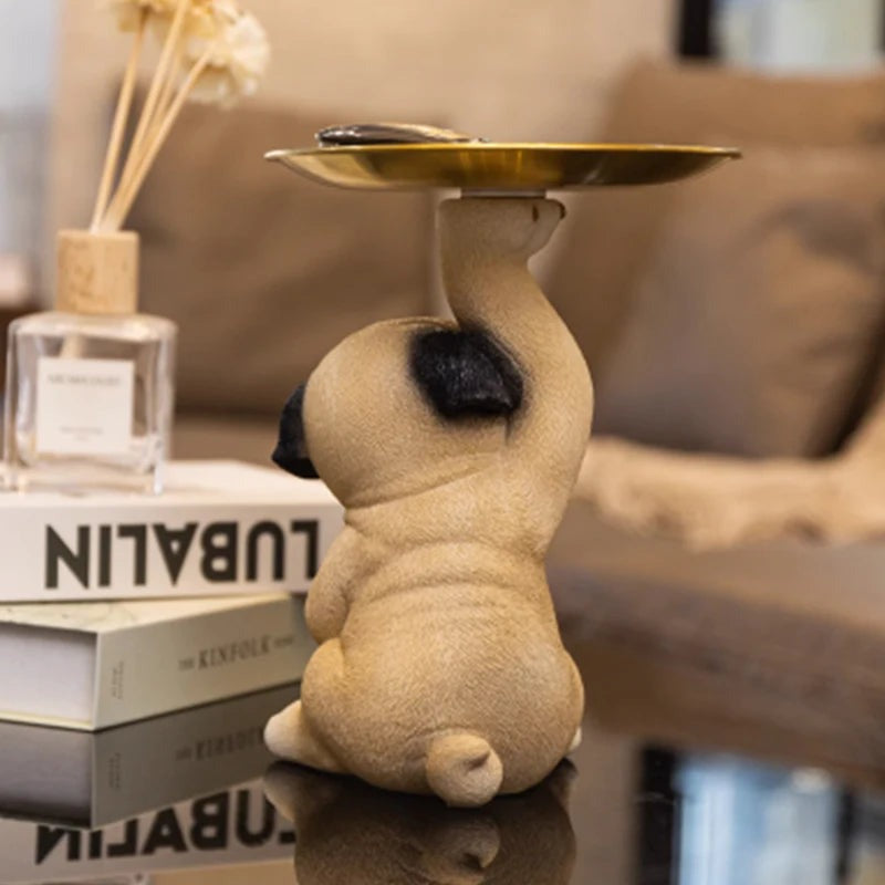 Pug Figurine with Decorative Gold Tray