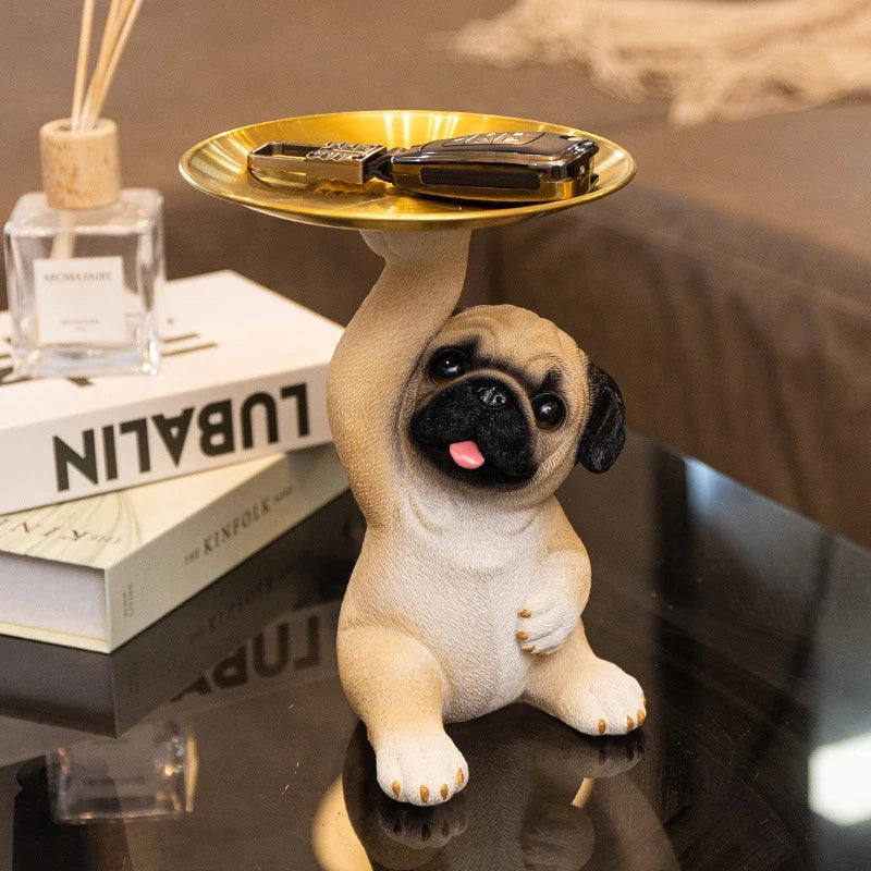 Pug Figurine with Decorative Gold Tray
