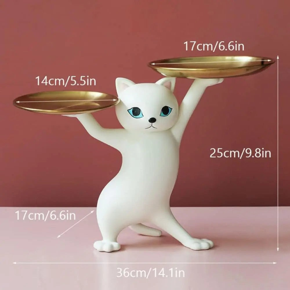 Gold Serving Trays with Cat Figurine Accent