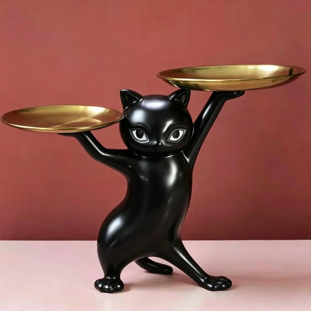 Gold Serving Trays with Cat Figurine Accent
