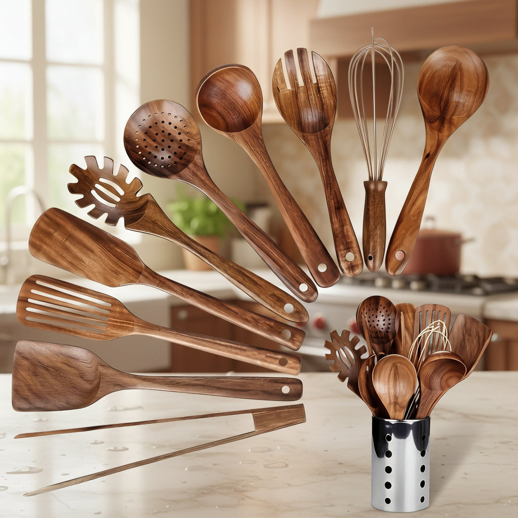 Cooking Utensils Set - Wooden Spoons and Spatulas for Kitchen Use