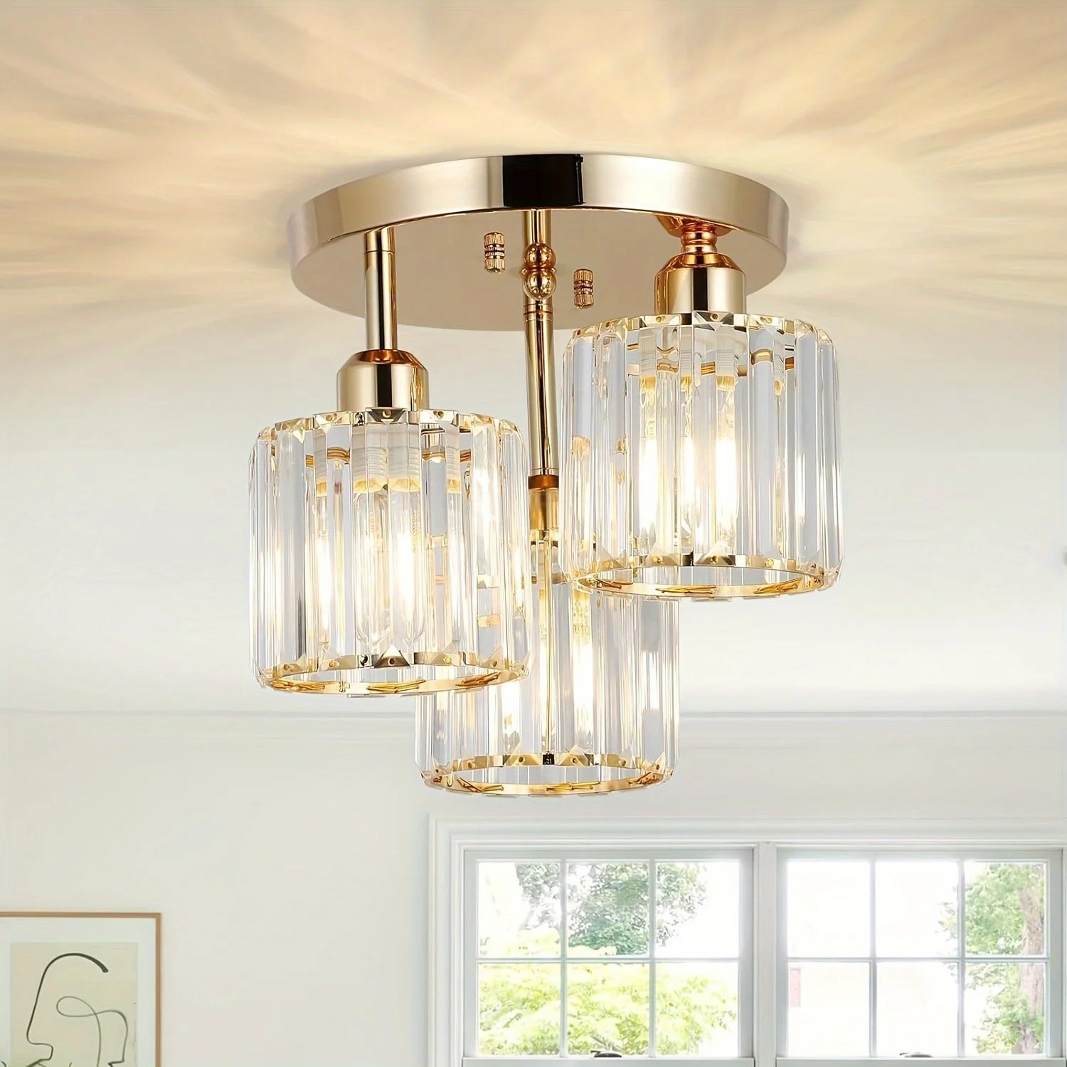 3-Light Semi Flush Mount Ceiling Light with Luxury Crystal in Gold