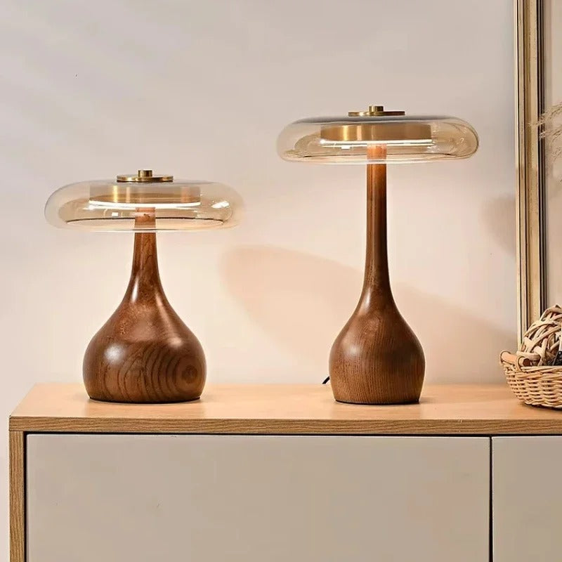 Modern Accent Light – Glass Table Lamp with Brass and Wood Elements