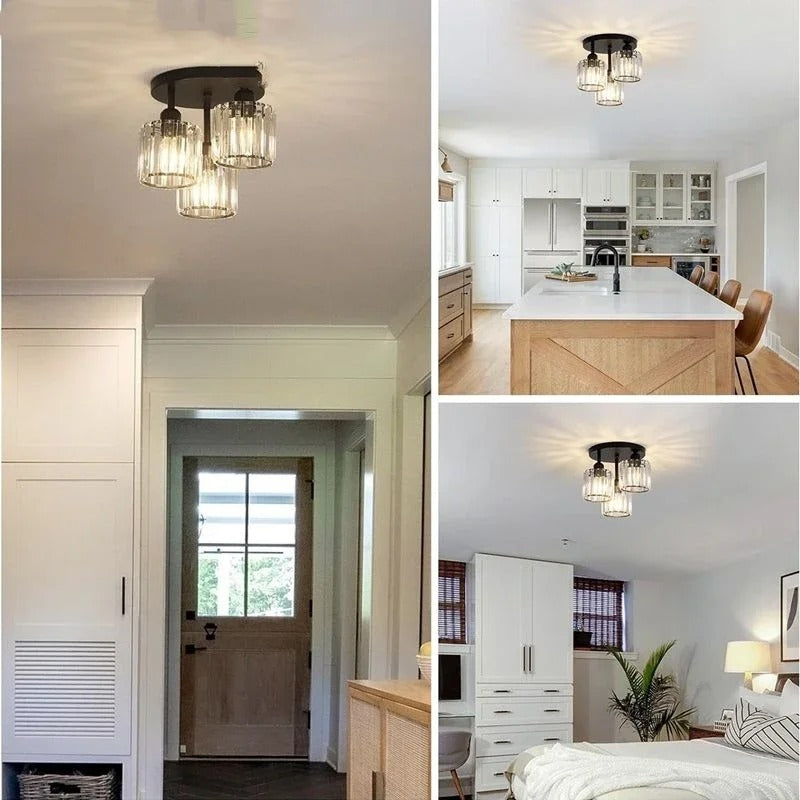 3-Light Semi Flush Mount Ceiling Light with Luxury Crystal in Gold