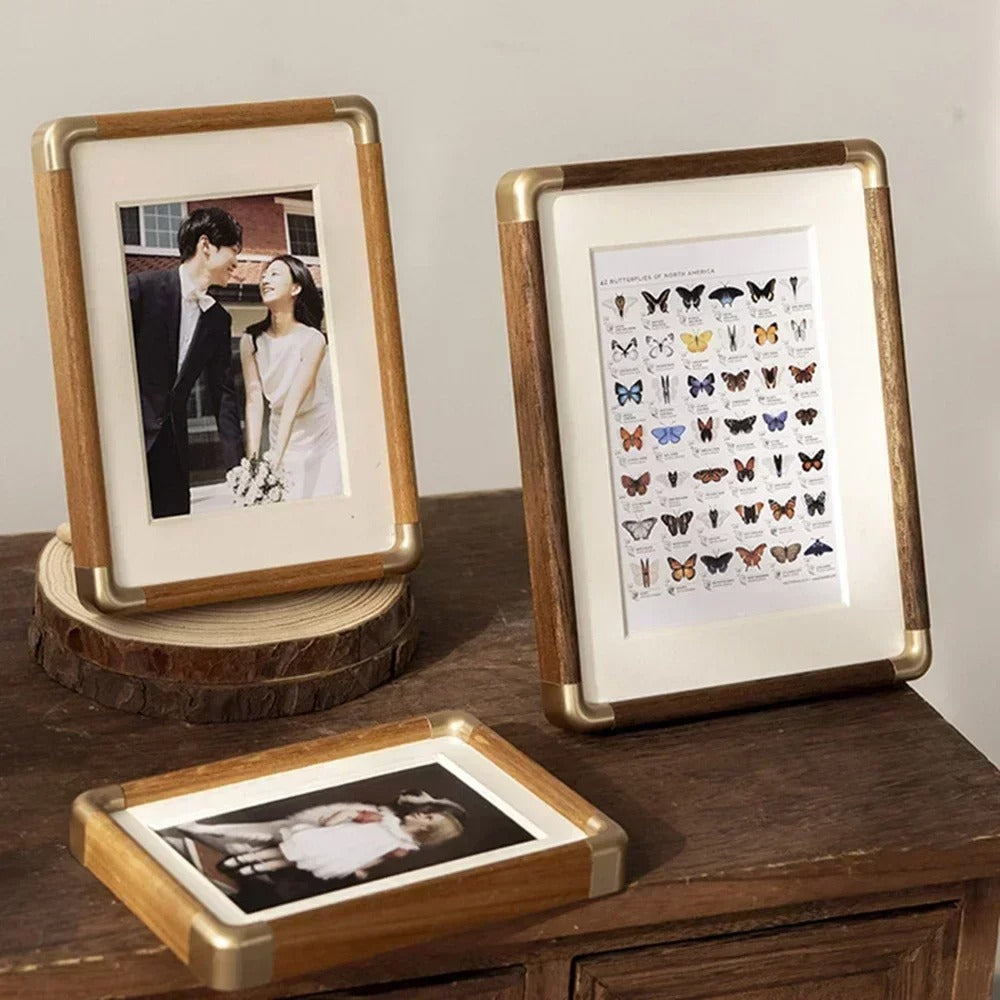 Vintage Wood and Brass Photo Frame for Tabletop Display