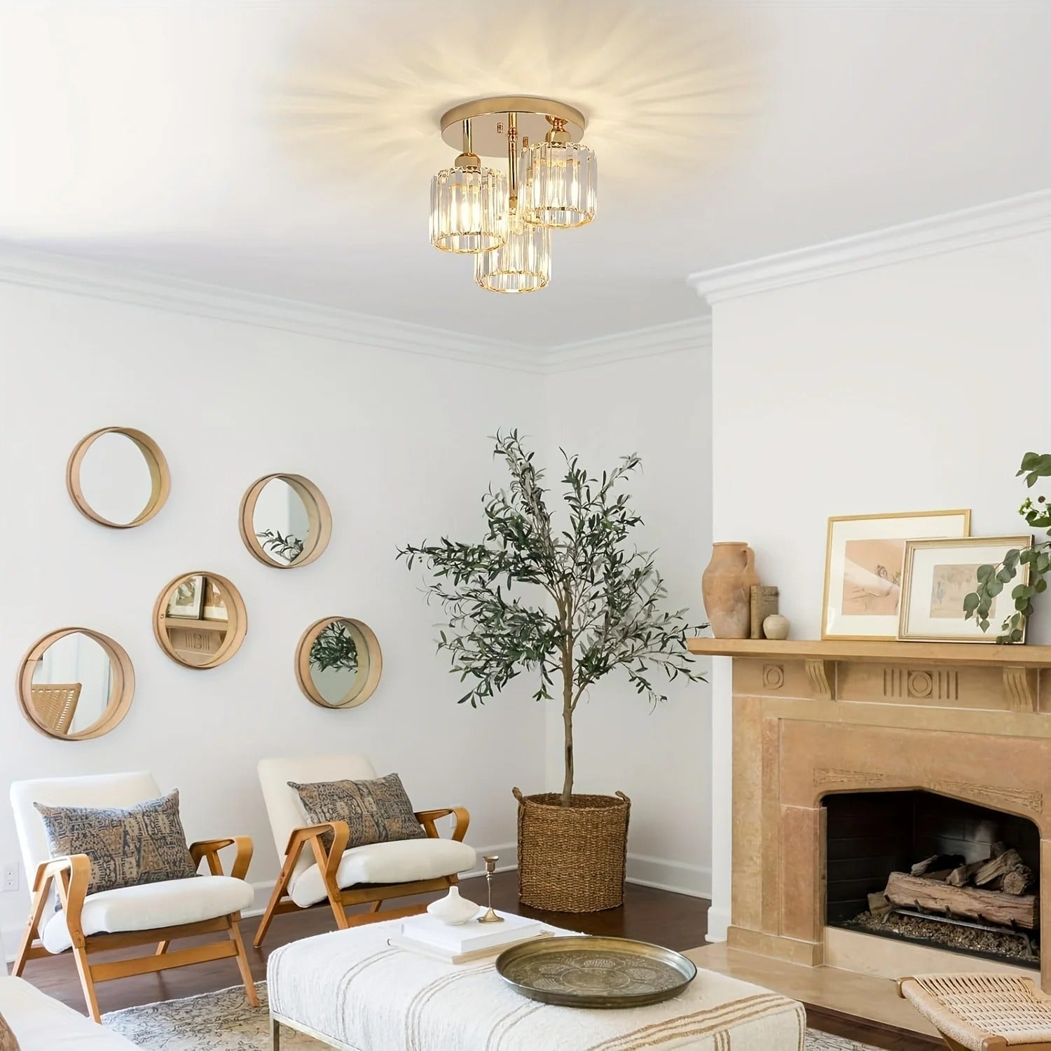 3-Light Semi Flush Mount Ceiling Light with Luxury Crystal in Gold