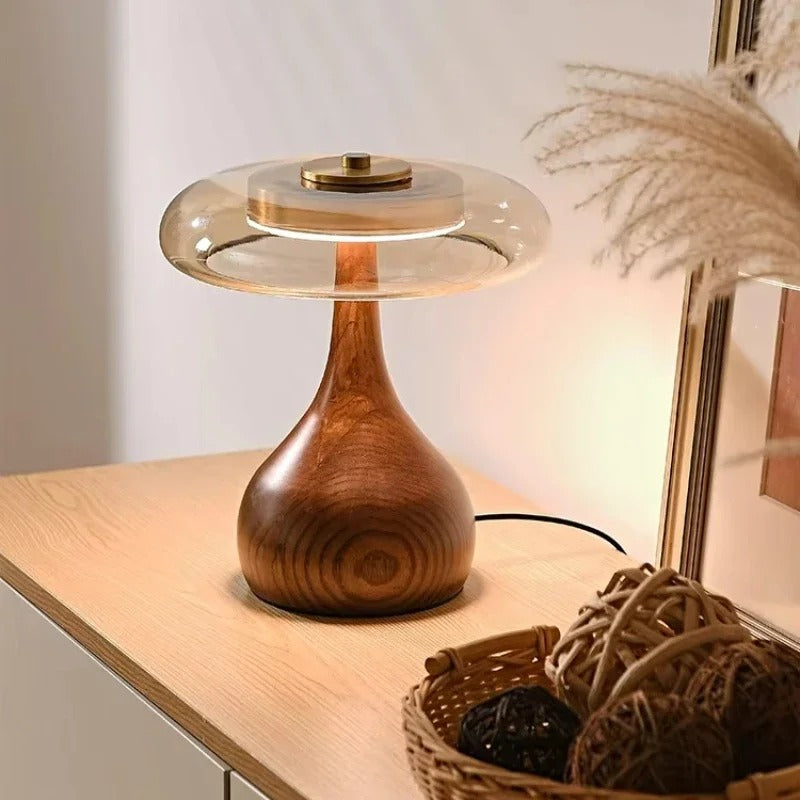 Modern Accent Light – Glass Table Lamp with Brass and Wood Elements