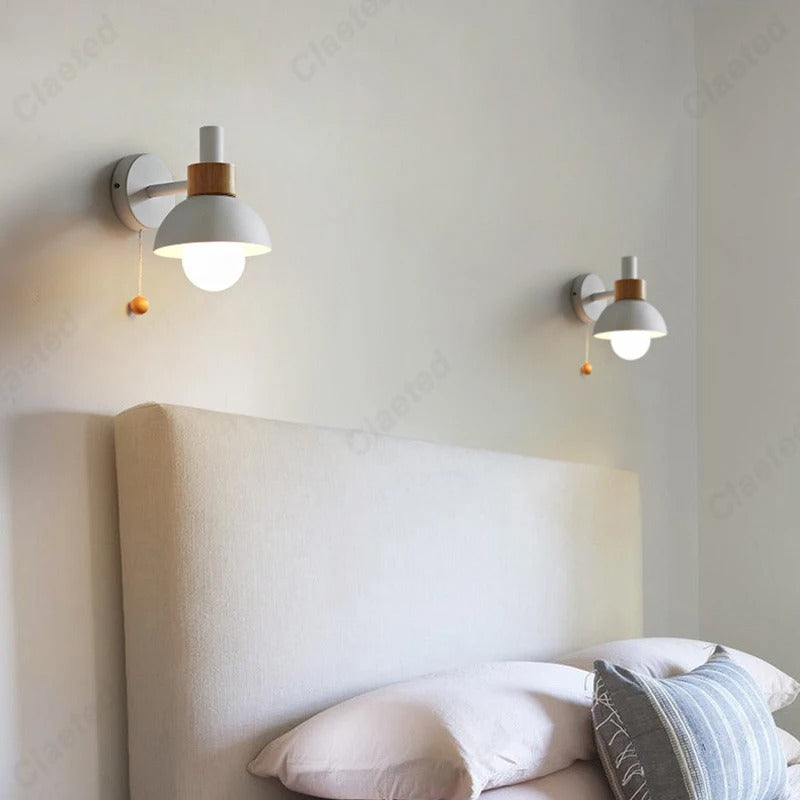 Minimalist Wall Lamp with Wood Accent and Pull Switch