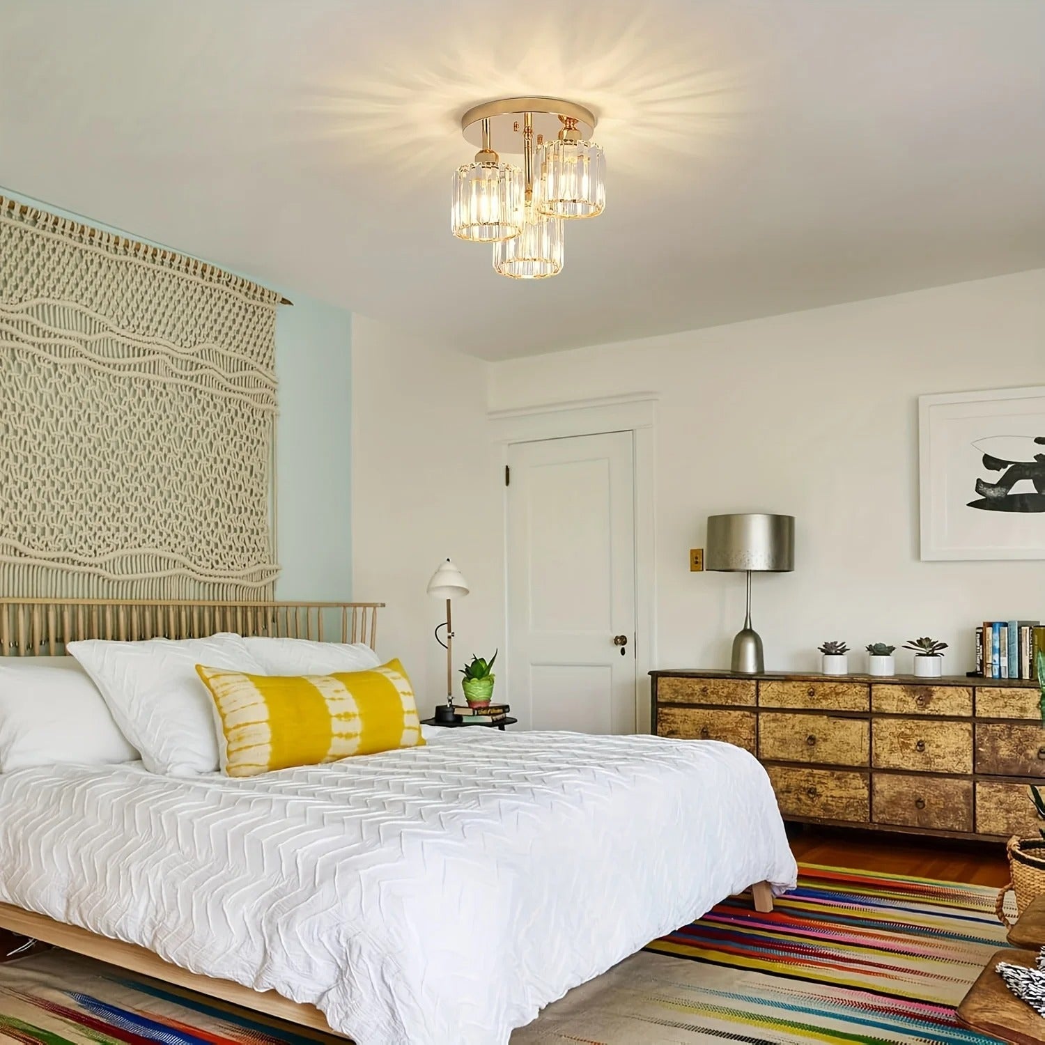 3-Light Semi Flush Mount Ceiling Light with Luxury Crystal in Gold