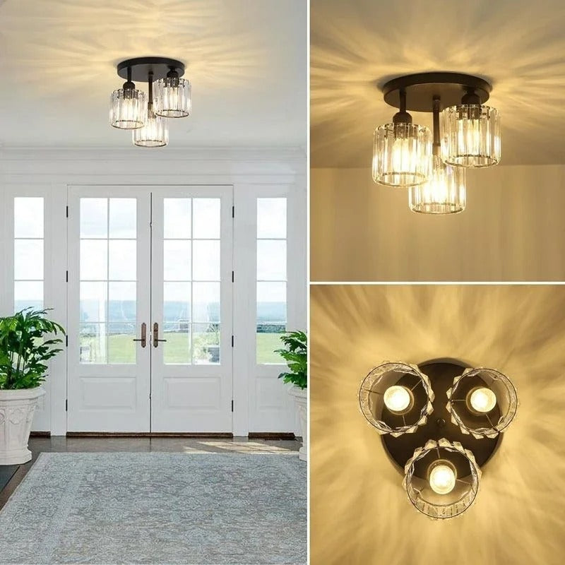 3-Light Semi Flush Mount Ceiling Light with Luxury Crystal in Gold