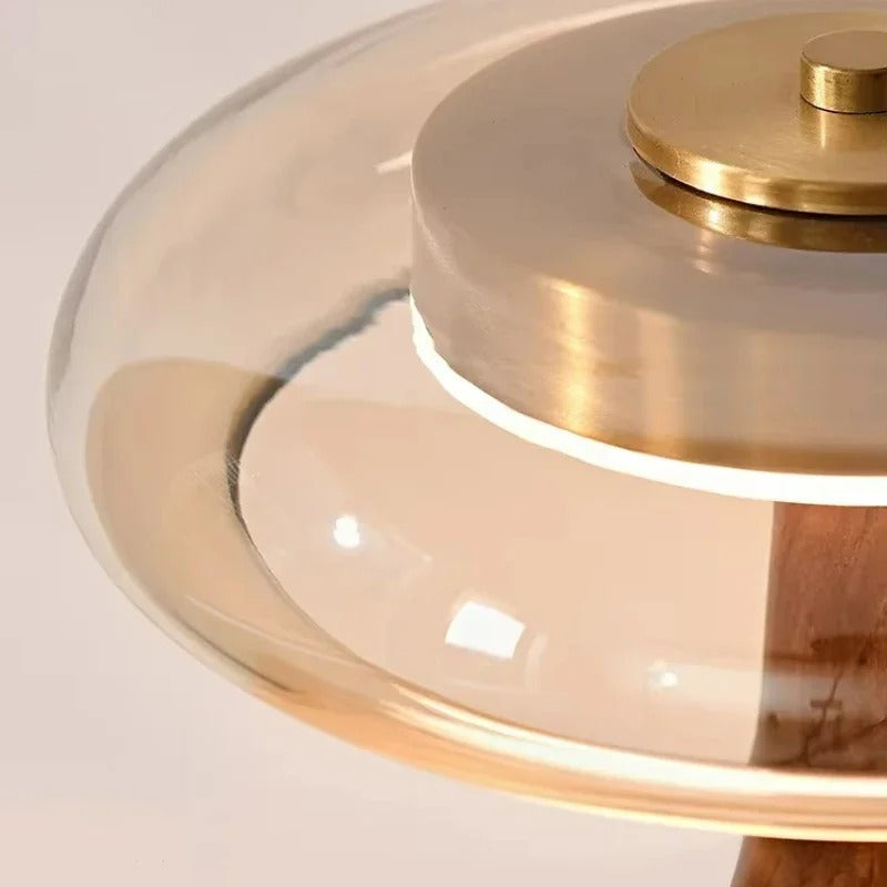 Modern Accent Light – Glass Table Lamp with Brass and Wood Elements