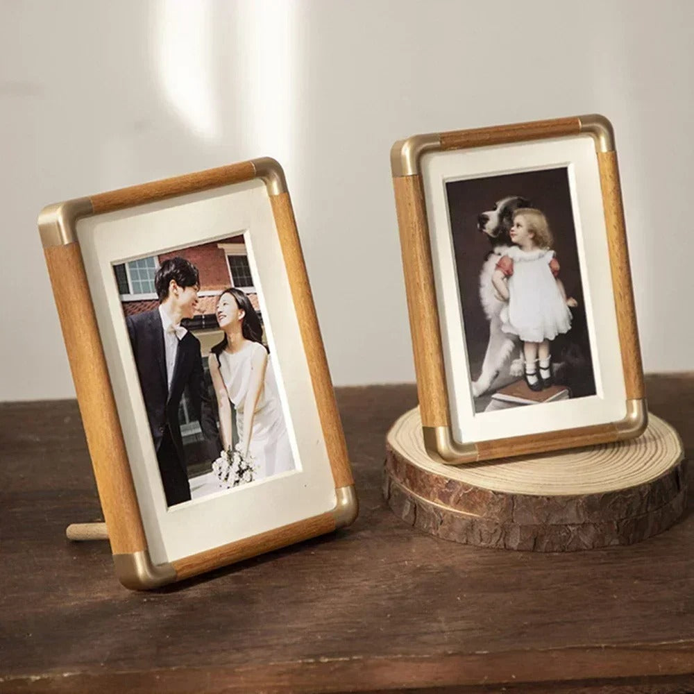 Vintage Wood and Brass Photo Frame for Tabletop Display